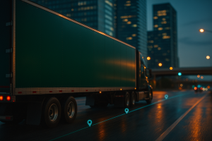 Green-wrapped semi-trailer traveling a city arterial at dusk illustrating measurable fleet advertising ROI